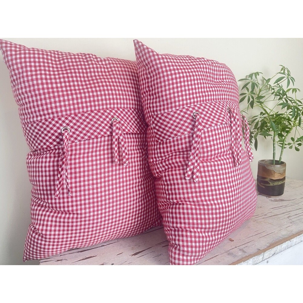Vintage Charming Red-and-White Checkered Gingham Throw Pillows 17” X 12”Country